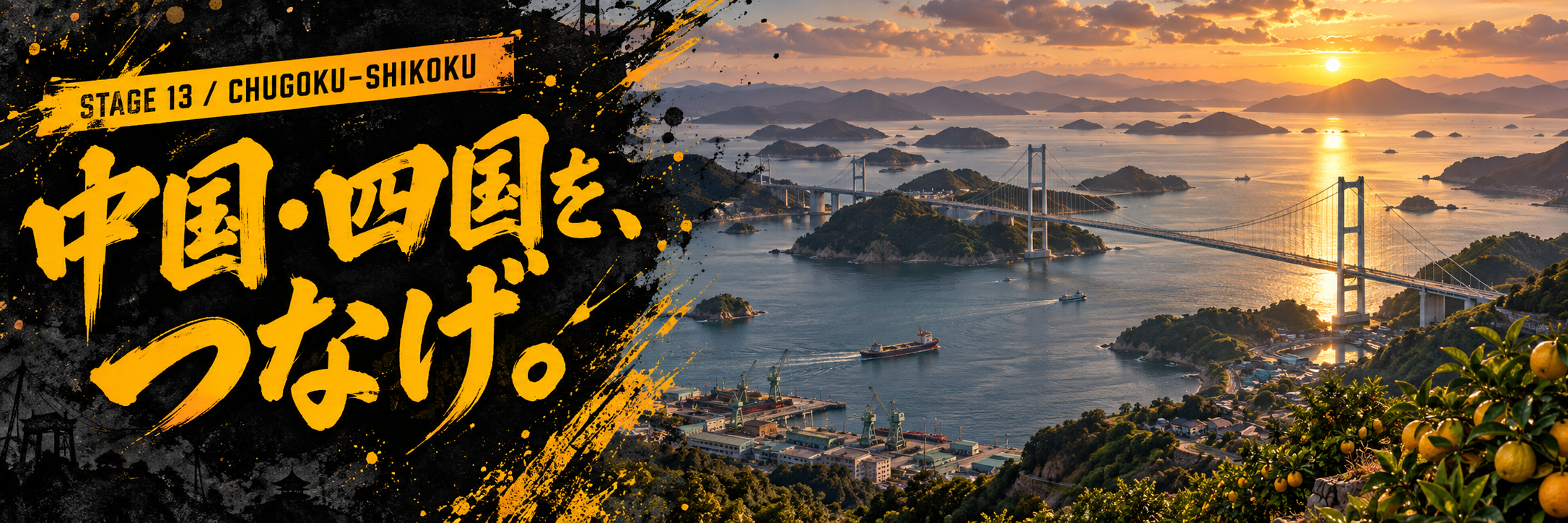 STAGE 13 / CHUGOKU-SHIKOKU。中国・四国を、つなげ。瀬戸内海の島々と橋、沿岸の工業や柑橘畑を描いた琥珀色のポスター