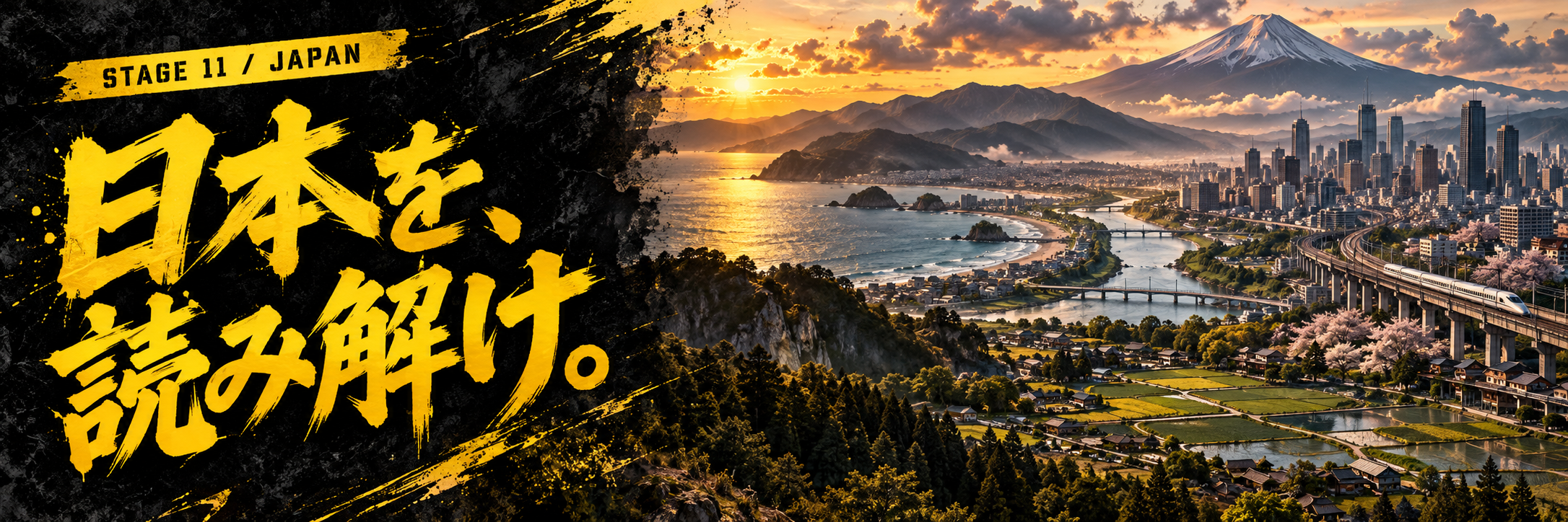 STAGE 11 / JAPAN。日本を、読み解け。山地、海岸、都市、鉄道と農地を組み合わせた琥珀色のポスター