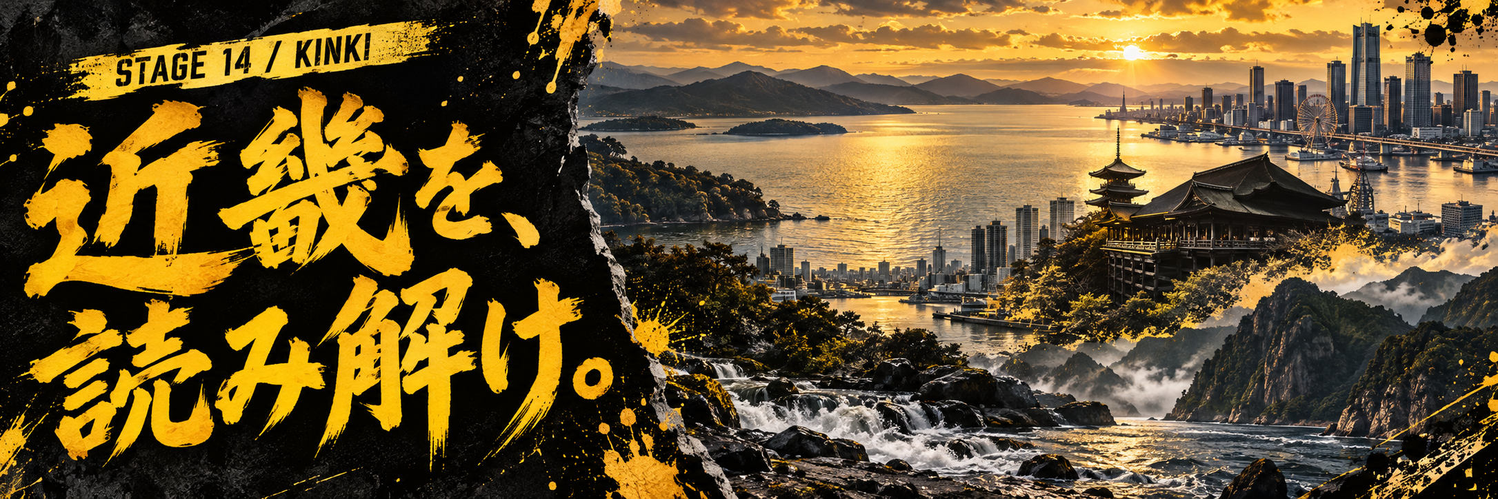 STAGE 14 / KINKI。近畿を、読み解け。琵琶湖の水、京都の古都と大阪の都市、紀伊山地の森を描いた琥珀色のポスター