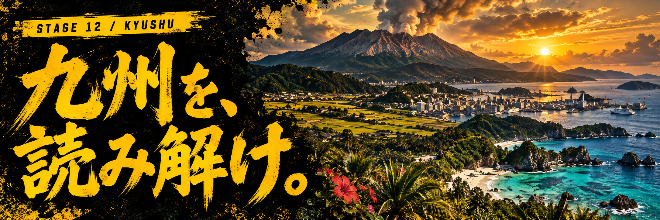 STAGE 12 / KYUSHU。九州を、読み解け。火山、農地、港町、南西諸島の海を組み合わせた琥珀色のポスター