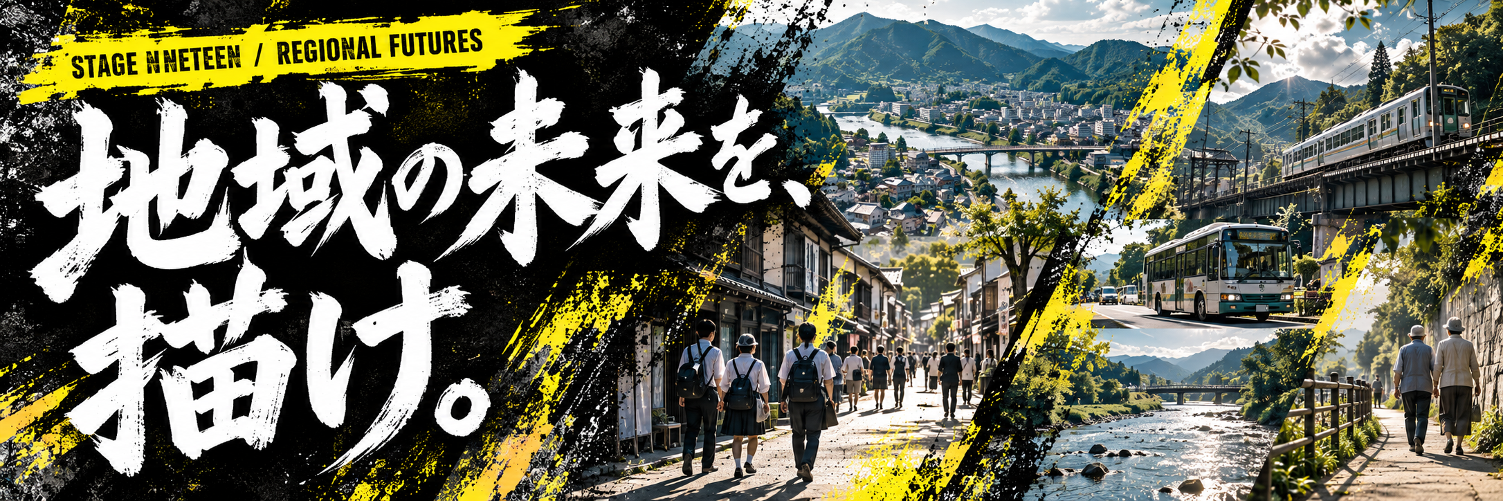 STAGE NINETEEN / REGIONAL FUTURES。地域の未来を、描け。町、川、山、公共交通と人々を描く黄色と黒のポスター