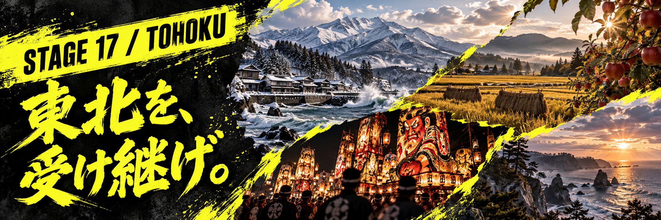 STAGE 17 / TOHOKU。東北を、受け継げ。雪の山地、実りの田畑、祭りと三陸の海を描いた黄色いポスター