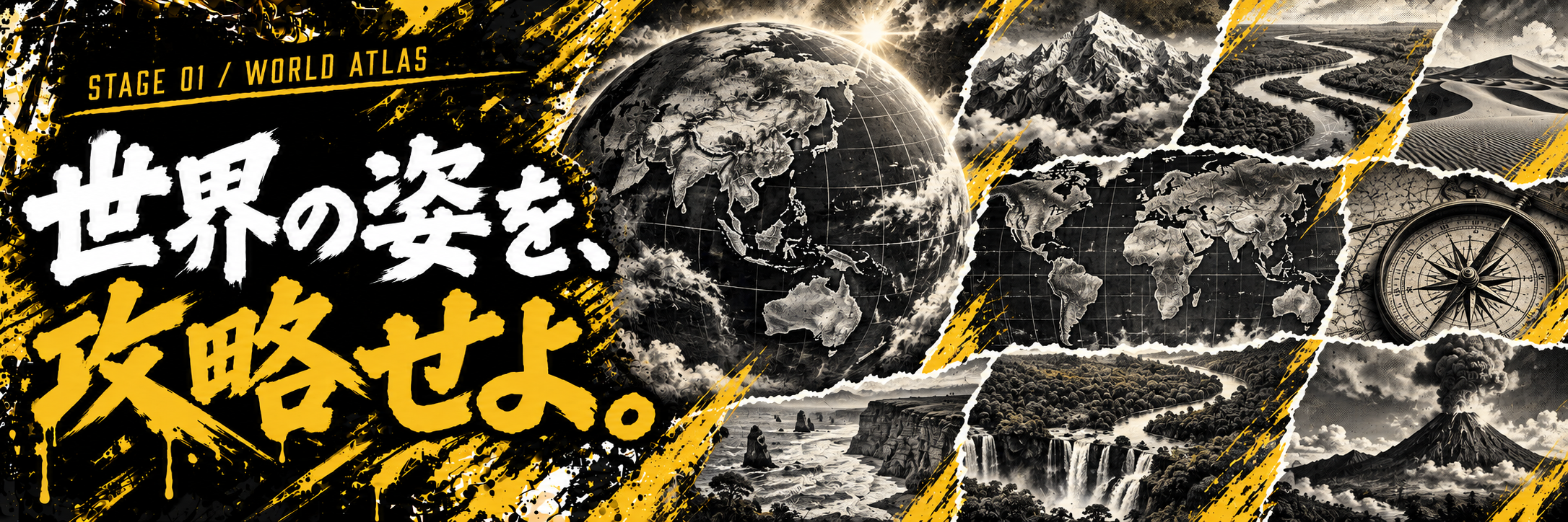 STAGE 01 / WORLD ATLAS。世界の姿を、攻略せよ。地球儀と地図、世界各地の地形を描いた琥珀色のグランジポスター